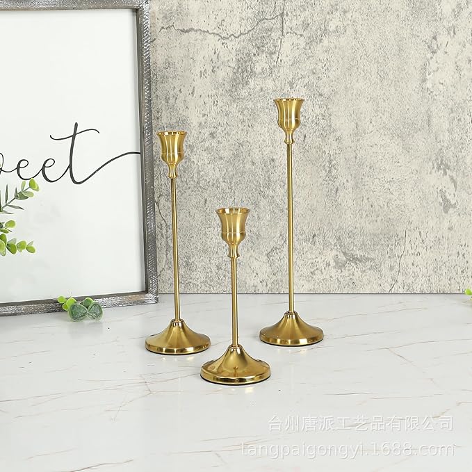 4 Sets(12 Pcs) Candle Stick Holders，Brass Gold Metal Taper Candle Holders, Vintage Modern Decorative Centerpiece Candlestick Holders for Table Mantel Wedding Housewarming Gift