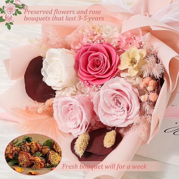 Flowers for Delivery Preserved Flowers with Vase That Last 3-5 Years Real Forever Flowers Rose Bouquet for Mom Anniversary Birthday Thanksgiving Christmas Gift for Women Grandma Wife Friends Her