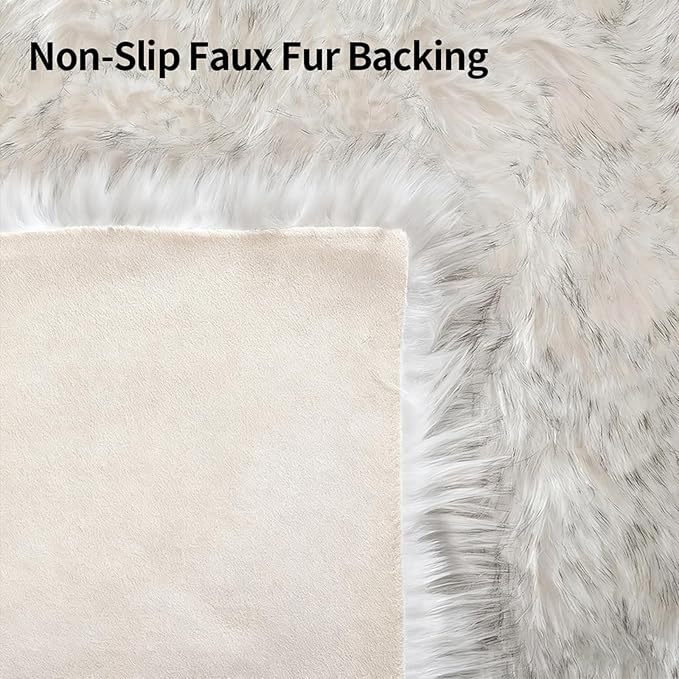 Faux Fur Sheepskin Area Rug for Living Room Bedroom, White with Grey Tips, 4 x 6 Feet Ultra Soft Shaggy Fuzzy Furry Carpet Chair Throw Large Rugs for Kids, Girls, Nursery Room Decor Dorms