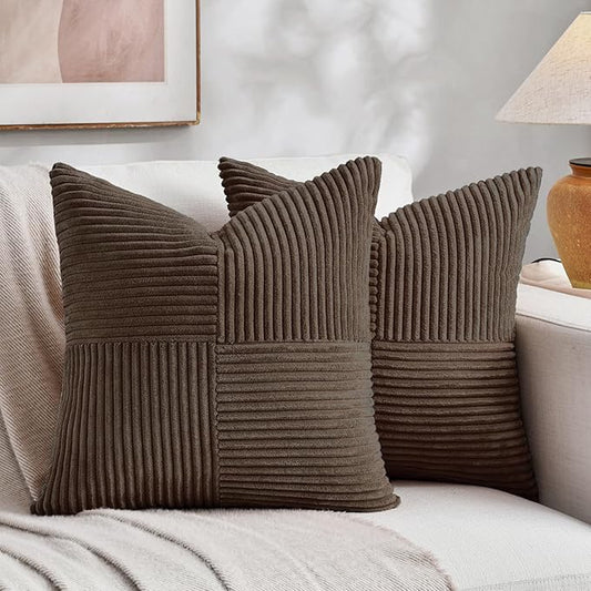 Fancy Homi 2 Packs Dark Brown Decorative Throw Pillow Covers 12x12 Inch with for Living Room Couch Bed, Rustic Farmhouse Boho Home Decor, Soft Corss Patchwork Corduroy Square Cushion Case 30x30 cm