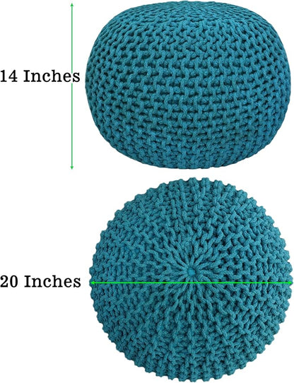 COTTON CRAFT Round Pouf - Hand Knitted Cotton Braid Cord Cable Dori Floor Pouf - Foot Stool - Ottoman Footrest Accent Seat Furniture Bean Bag - Living Room Kids Room Nursery Dorm Décor - 20x14 - Teal
