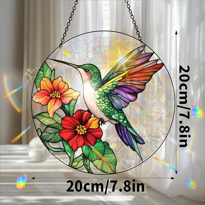 Bimkole Hummingbird Sun Catchers Indoor Window - Flowers Acrylic Suncatcher Hanging Decoration for Living Room Bedroom Summer Home Balcony Outdoor Garden Ornaments Decoration 7.8x7.8 Inch