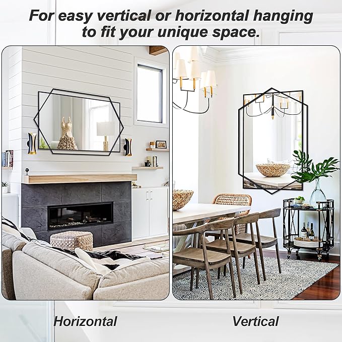 Black Decorative Mirror for Wall Decor, 32"x47" Modern Large Living Room Mirror with Hexagon and Rectangular Metal Frame for Bathroom, Entrance, Bedroom, Dining Room