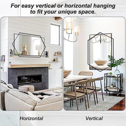 Black Decorative Mirror for Wall Decor, 32"x47" Modern Large Living Room Mirror with Hexagon and Rectangular Metal Frame for Bathroom, Entrance, Bedroom, Dining Room