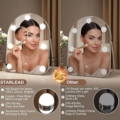 STARLEAD 11"× 14.5" Makeup Mirror with Lights and 10X Magnification, 3-Color Dimmable LED Lighting & Touch Control, 360°Rotation for Travel/Dressing Room, Arched & Bulb