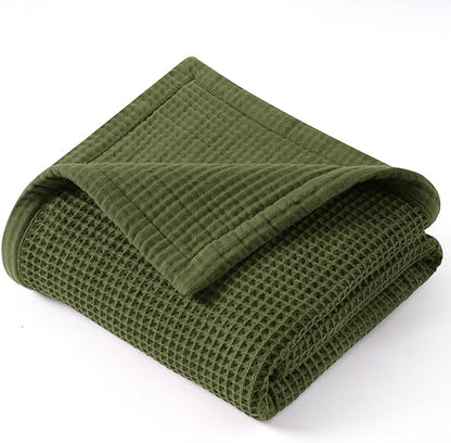 PHF 100% Cotton Waffle & Muslin Throw Blanket Large, Soft Breathable Luxury 400GSM Versatile Reversible Bedding for Couch, Great for Layering in Cold Weather, Home Decor Gift, 50" x 70", Olive Green