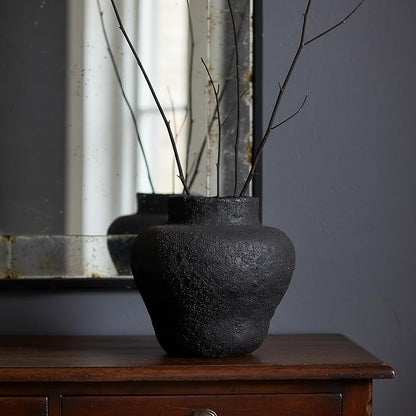Rustic Wide Mouth Ceramic Flower Vase Vintage Farmhouse Style Decor, Frosted Texture Pottery for Home Decor, Modern Living Room, Office Desk Table Centerpiece (Black) 5.5IN