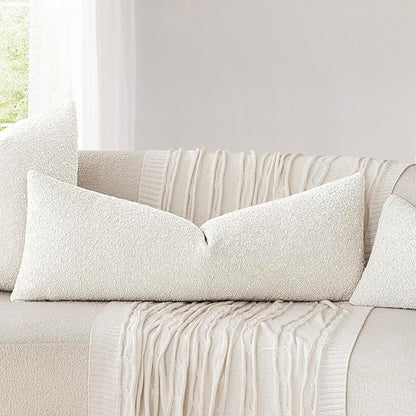 Foindtower Decorative Textured Boucle Throw Pillow Covers Accent Solid Pillow Cases Neutral Long Body Lumbar Couch Cushion Case for Chair Sofa Bedroom Living Room Home Decor 14x36 Inch,1PC,White