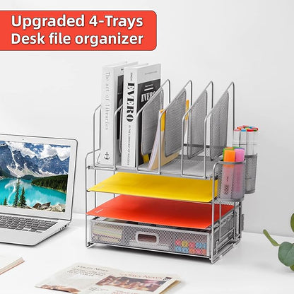 Marbrasse Desk Organizers, 4-Tier Mesh Desk File Organizer with 5 Vertical File Holders and 2 Pen Holders, Multifunction Desktop Organizer,Desk Organizers and Accessories for Home Office (Silver)
