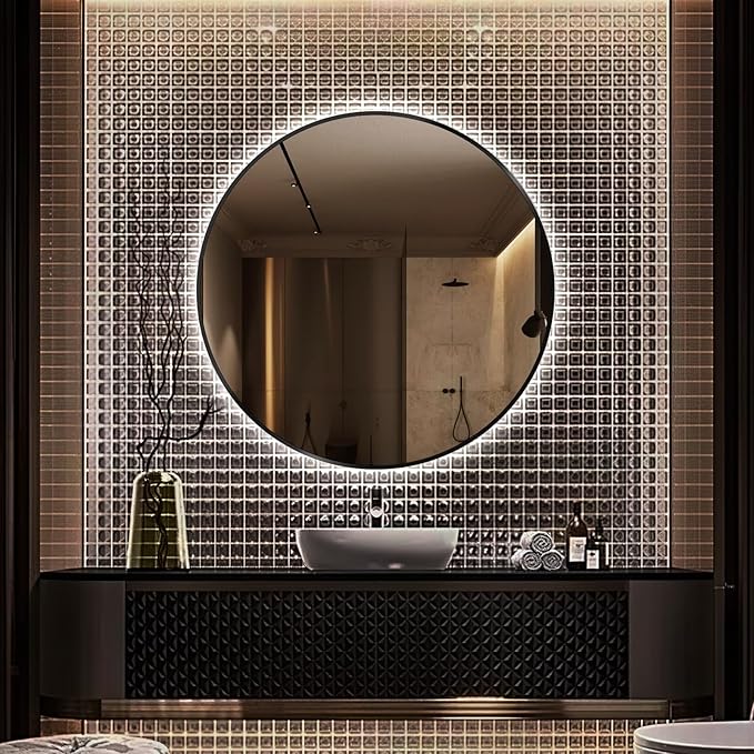 30" Round LED Bathroom Mirror, Wall Mounted Backlit Vanity Mirror with 45° Beveled Frame Lighted Mirror for Bedroom, Fog Free 3-Color Dimmable Lights Memory Function, Black