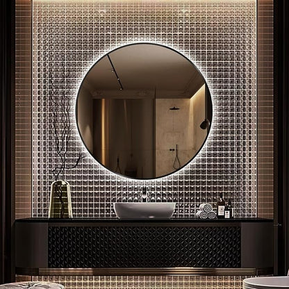 30" Round LED Bathroom Mirror, Wall Mounted Backlit Vanity Mirror with 45° Beveled Frame Lighted Mirror for Bedroom, Fog Free 3-Color Dimmable Lights Memory Function, Black