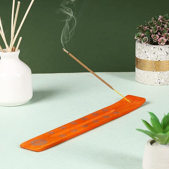 Bless-International Traditional-Handmade-Burner Wooden-Incense-Stick-Holder Ash-Catcher-Stand for-Aromatherapy-Meditation-Yoga (Orange, The Energy) 10 Inches, Pack of 2