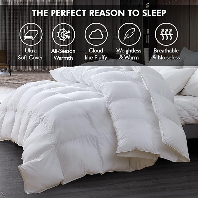 Luxurious Palatial King/Super King 120" x 98" Size Goose Down Fiber Waterfowl Feather Fiber Comforter Duvet, 100% Egyptian Cotton Cover, 80 oz. Fill Weight, Baffle Box Design, White Solid