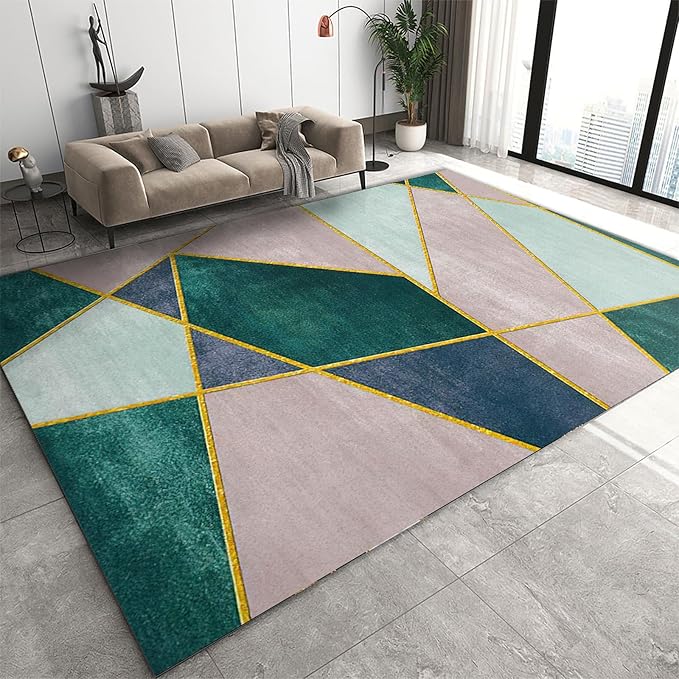 Pink Irregular Geometric Color Block Area Rug, Nordic Simple Gold Line Print Large Rugs, Machine Washable Breathable Durable Carpet for Room Sofa Living Room Mat Bedroom Decor Floor Mat,3 x 5ft