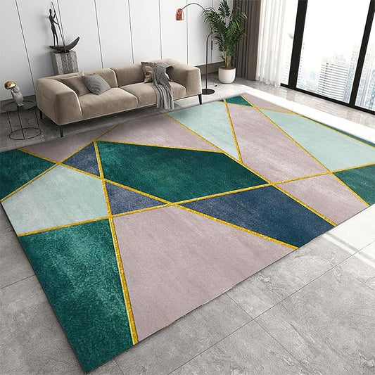 Pink Irregular Geometric Color Block Area Rug, Nordic Simple Gold Line Print Large Rugs, Machine Washable Breathable Durable Carpet for Room Sofa Living Room Mat Bedroom Decor Floor Mat,5 x 7ft