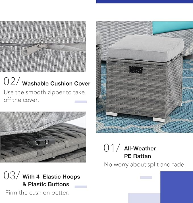 Patiorama 2 Piece Outdoor Patio Ottomans,All-Weather Grey PE Rattan Wicker Ottoman with Storage,Outdoor Footrest Footstool Seat w/Thick Cushion,Built-in Handle for Backyard Poolside Porch (Light Grey)