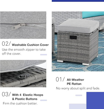 Patiorama 2 Piece Outdoor Patio Ottomans,All-Weather Grey PE Rattan Wicker Ottoman with Storage,Outdoor Footrest Footstool Seat w/Thick Cushion,Built-in Handle for Backyard Poolside Porch (Light Grey)