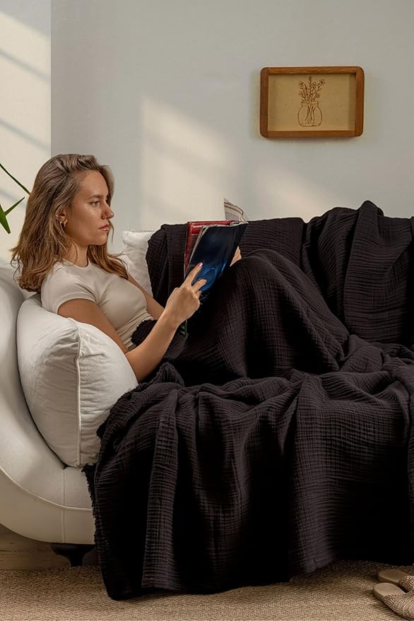 Muslin Blanket - Pure 100% Turkish Cotton Airy Soft Light Versatile Gauze Throw Blanket for Bed, Couch, Sofa (Black, Queen XL Size (95" x 95" inch))