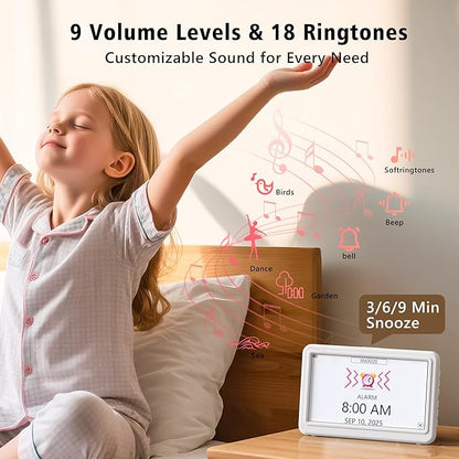 Rechargeable Digital Clock with Day and Date for Elderly, 7" Large Digital Calendar Clock for Seniors, 20 Alarms & Medication Reminders, Auto DST/Dimmer, 12 Themes, Best Gifts for People with Dementia