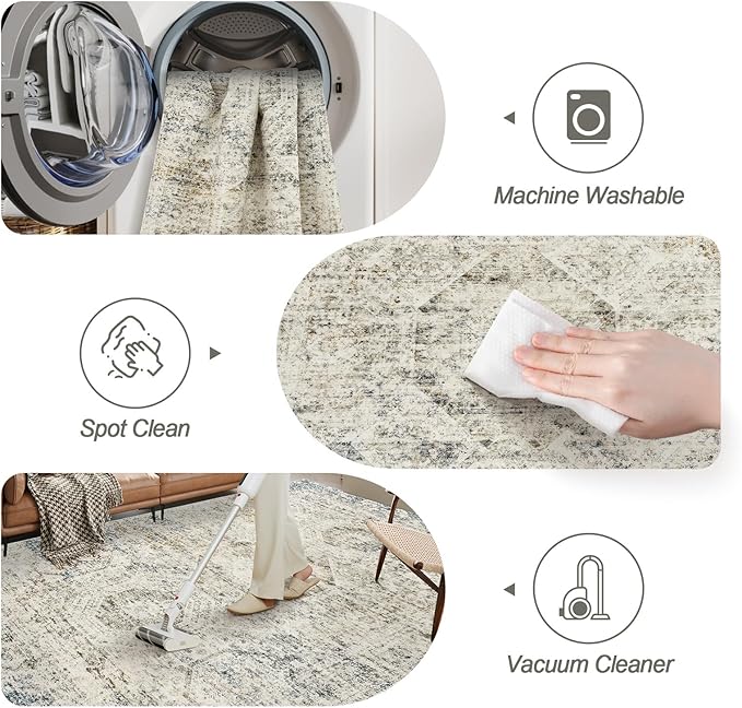 5x7 Area Rugs Blue Ivory Low Pile Indoor Washable Trendy Faded Style Rugs for Bedroom Living Room Dining Room Foldable Non-Slip Thin Print Mat