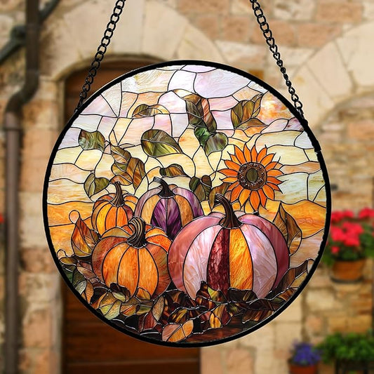 DASTOLL Stained Glass Window Hanging, Pumpkin Sunflower Suncatcher Diamond Glass Panel Sun Catchers Decor for Birthday for Women, Men, Wife, Aunt, and Mom 11.8x11.8 in