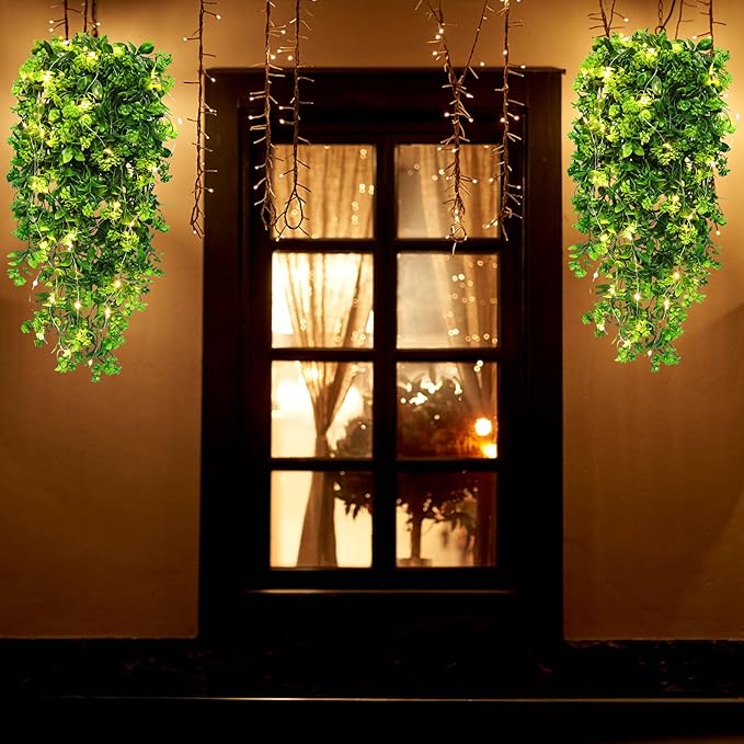 RECUTMS Artificial Hanging Plant Indoor Faux Plants Outdoor Large 2pcs Hanging Greenery with LED Lights Strings Silk Rose Flowers Plastic Leaves Decor for Party Wedding House Patio (Green)