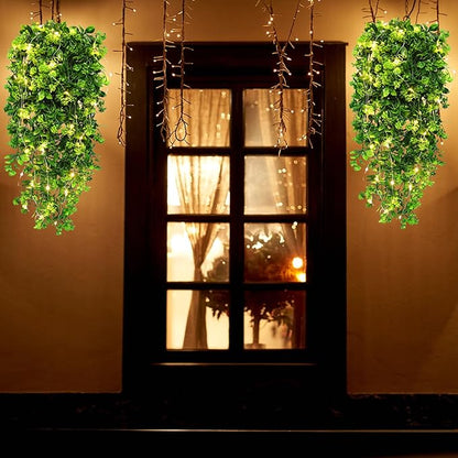 RECUTMS Artificial Hanging Plant Indoor Faux Plants Outdoor Large 2pcs Hanging Greenery with LED Lights Strings Silk Rose Flowers Plastic Leaves Decor for Party Wedding House Patio (Green)