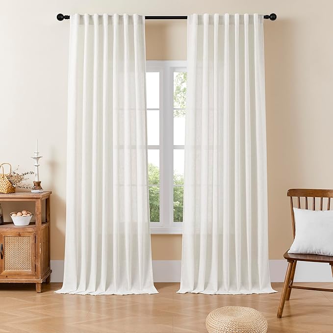 Joydeco Light Filtering Curtains 108 Inch Length for Bedroom, Linen Curtains 108 Inch Length 2 Panels Set for Living Room，White Semi Sheer Curtains 108 Inches Long with Rod Pockets