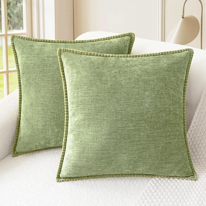 CaliTime Throw Pillow Covers Decorative 18 X 18 Inches Pack of 2 Cotton Thread Stitching Edges Solid Dyed Soft Chenille Cushion Cases for Couch Sofa Bed Living Room Farmhouse Sage Green
