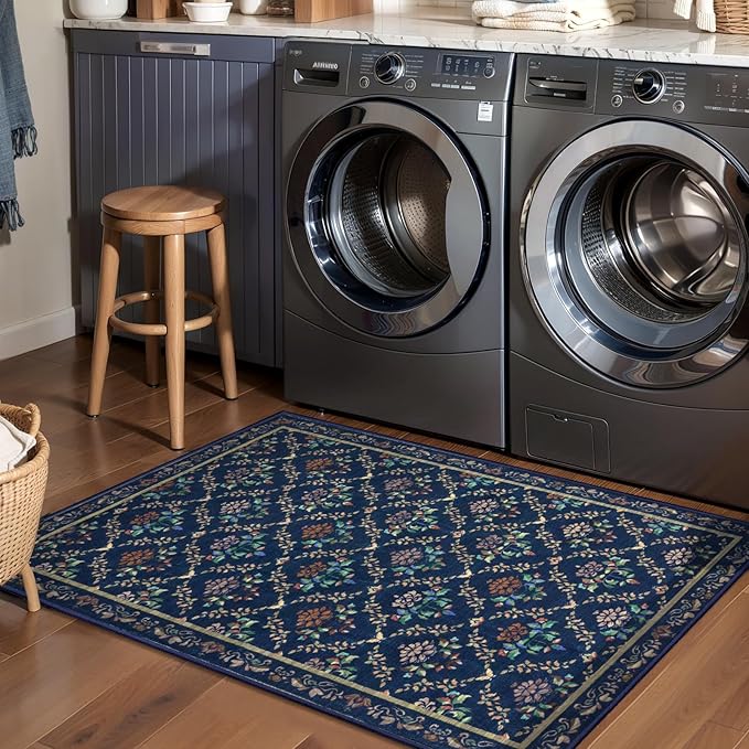 Tangsoo 2x3 Small Washable Entry Rug,Non Slip Blue Floral Throw Area Rugs for Entryway,Front Door Mats Indoor Entrance Carpet for Kitchen Office Laundry, Soft Kids & Pets Friendly