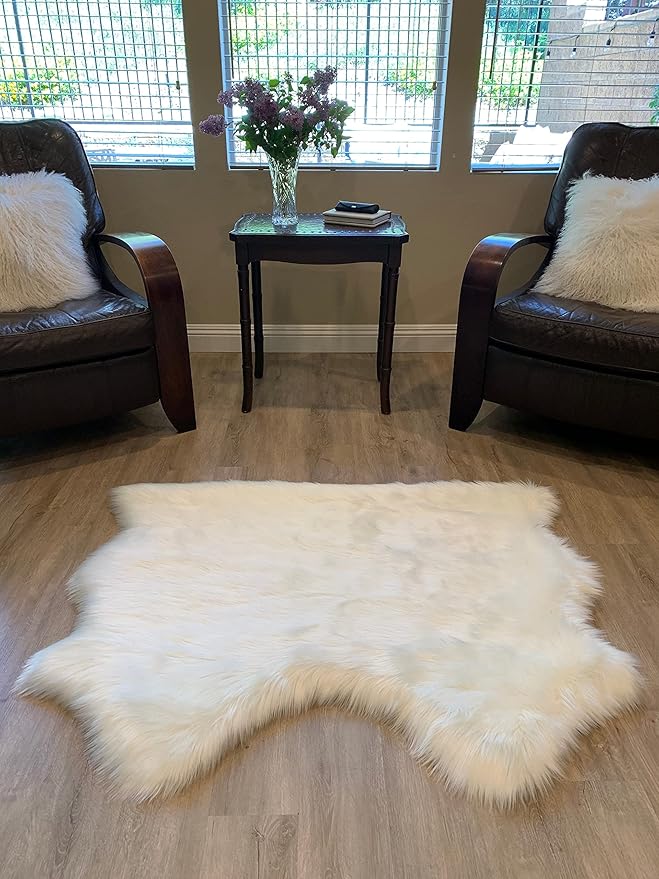 LAMBZY Faux Sheepskin Super Soft Hypoallergenic Silky Shag Rug for Living Room, Kids Room, Sofa (Double Side by Side 3'x4, White)
