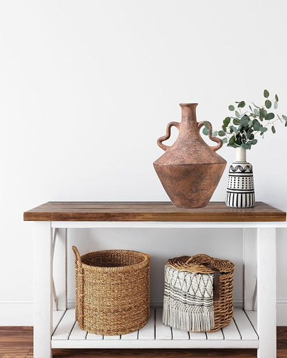 UPWOIGH 14x9.06 in Tall Vintage Ceramic Vase with Handles, Antique Terracotta Pottery Vase for Living Room Table Decor, Rustic Farmhouse Bedroom Decoration, Distressed Brown with Black Markings, Gift