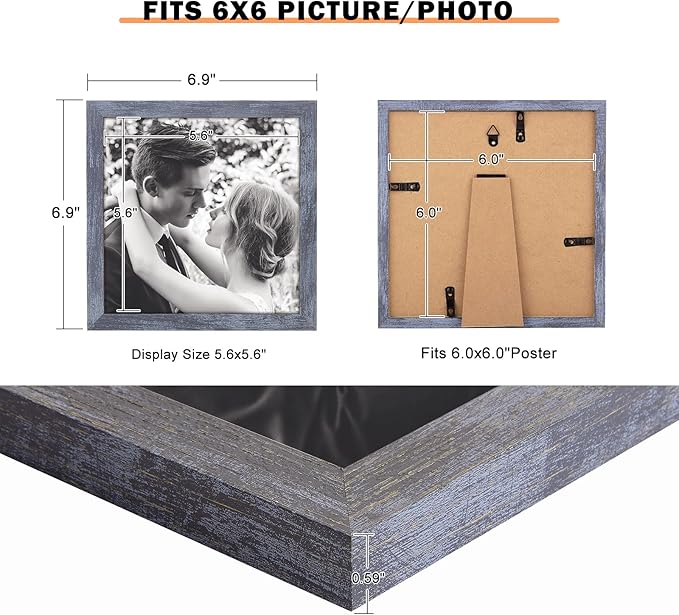 6x6 Picture Frame Blue, Rustic Natural 6x6in Photo/Portrait/Poster/Art Frame, Wall Hanging/Tabletop, Horizontal/Vertical Display Gallery Family Wedding Memorial Pic Frame Gift