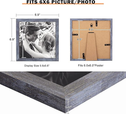 6x6 Picture Frame Blue, Rustic Natural 6x6in Photo/Portrait/Poster/Art Frame, Wall Hanging/Tabletop, Horizontal/Vertical Display Gallery Family Wedding Memorial Pic Frame Gift