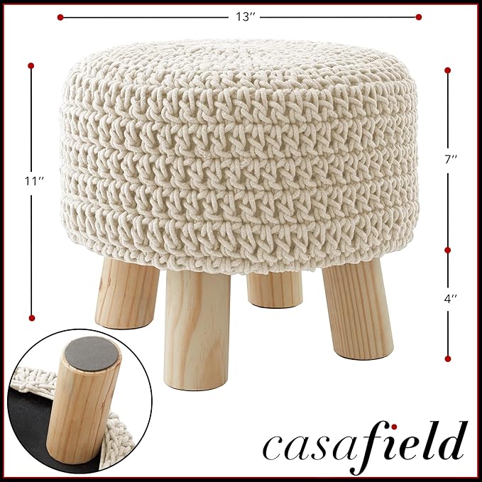 Casafield Pouf Ottoman Footstool, 13" Round x 11" High, Hand-Knitted Cotton Footrest, Non-Skid Wood Legs, Boho Foot Stool for Living Room, Bedroom (Natural)