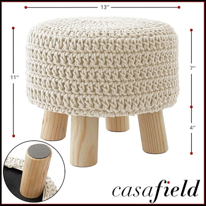 Casafield Pouf Ottoman Footstool, 13" Round x 11" High, Hand-Knitted Cotton Footrest, Non-Skid Wood Legs, Boho Foot Stool for Living Room, Bedroom (Natural)
