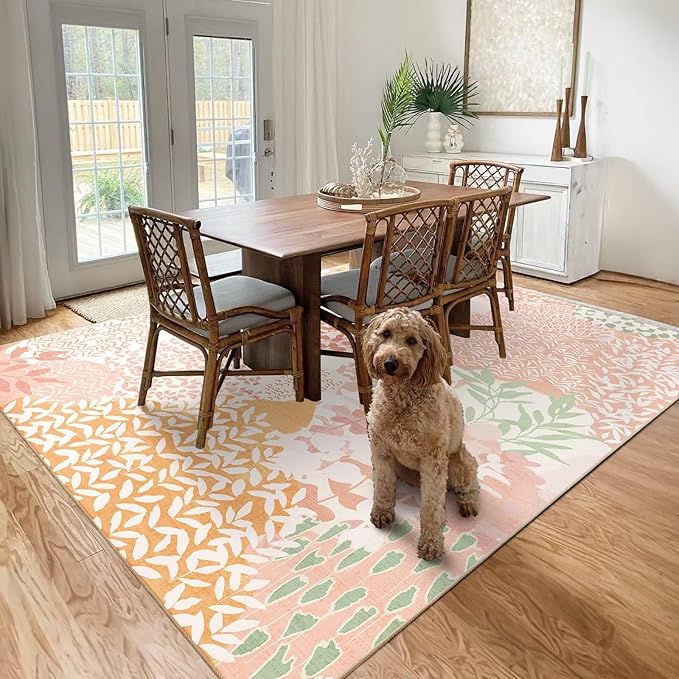 DEXDE 8x10 Area Rug, Soft Washable Abstract Area Rugs Non-Slip Vintage Boho Rug Leaves Floral Print Carpet for Living Room Bedroom Office Dining Room Playroom, Pink