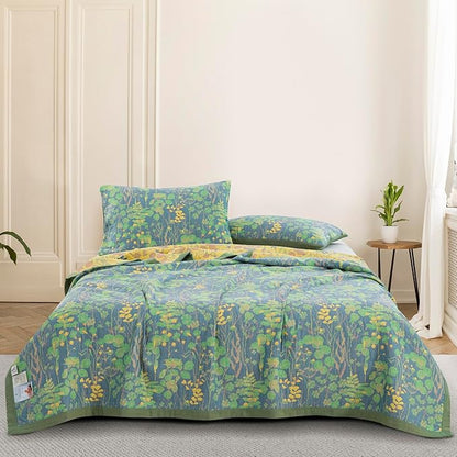 100% Cotton Muslin Botanical Blanket Jacquard Floral Plants Pattern Quilt, Soft Bed Cover Lightweight Breathable Gauzy Reversible Bedspread Coverlet Bedding King(98"x94"), No Pillow Sham