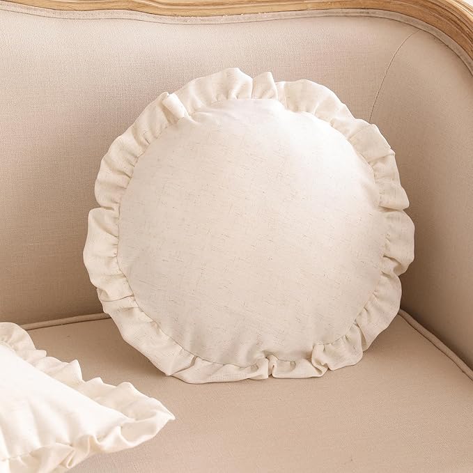 ISAENNE 2 Pcs Classic Ivory White Round Throw Pillow Cover Diameter 16", Solid Color Farmhouse Linen Cotton Decor Pillow Cover with Ruffles, Sturdy Throw Pillowcase for Couch Sofa Bed Living Room