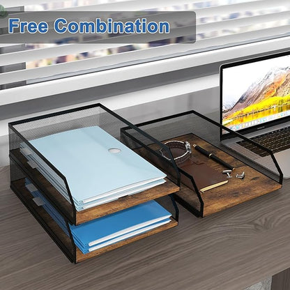 Natwind 3-Tier Stackable Paper Tray, Metal Mesh Desktop Organizer, Wood Board Paper Sorter, Letter Trays,File Document Storage Rack for for Home, Office, School (Retro)