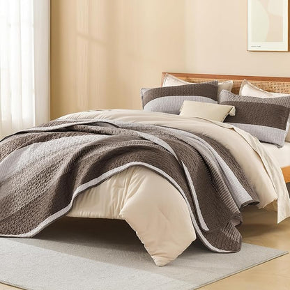 Litanika California King Quilt Set Brown - Cal King Oversized Stripe Comforter Bedspreads & Coverlets - Soft Lightweight Quilted Bedding Set for All Season(1 Quilt, 2 Pillowcases)