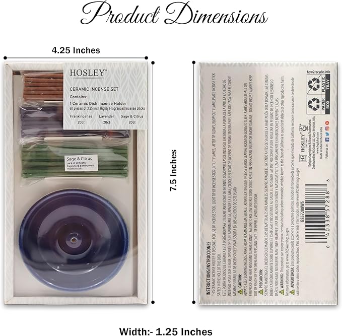 Hosley Incense Gift Set 6-Pack - Includes 60 Incense Sticks & Ceramic Holder - Ideal Bathroom Set for Meditation, Spa, or Relaxing Atmosphere