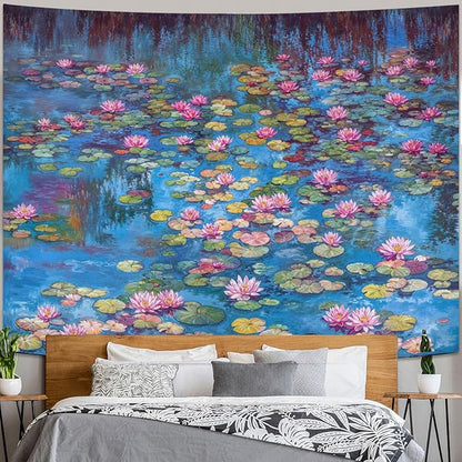 kampdream Landscape Tapestry, Scenery Art Wall Tapestries, Nature Wall Decor for Bedroom Living Room Backdrop Blue Impressionist Pond Lotus 60×80 inches