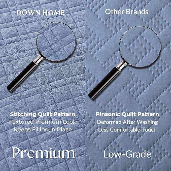 DOWN HOME King Quilt Set with Shams Lightweight Quilted Bedspread Coverlet Thin Comforter Bed Cover Vintage Washed Quilted Blanket for All Season, Brushed Microfiber Diamond Stitching, Blue, 104"x92"
