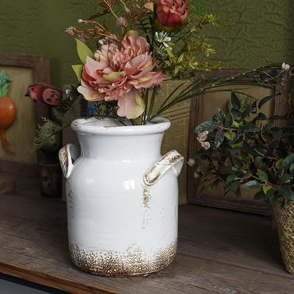 Quoowiit Ceramic Rustic Farmhouse Vase, Distressed Decorative Flower Vase for Home Decor, Ideal Shelf Decor, White Boho Vase for Living Room Bedroom Kitchen Office Decor Centerpiece Table Decorations
