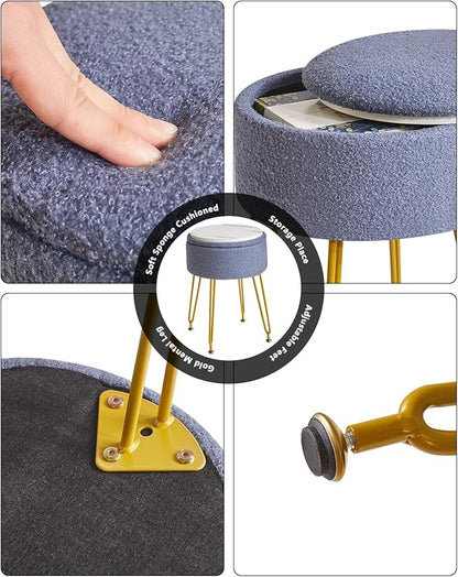 IBUYKE Teddy Velvet Storage Footrest Stool Ottoman, Makeup Vanity Stool Side Table with Removable Cover, Golden Steel Legs, Coffee Table Top Cover, Gray Blue WBD010BU