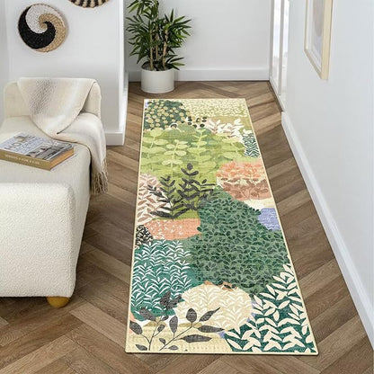 DEXDE Runner Rug 2x6 Washable Hallway Boho Soft Green Area Rugs Abstract Long Non Slip Botanical Leaves Floral Print Carpet for Entryway, Kitchen, Laundry, Bathroom, Bedroom