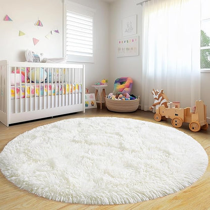 Round Fluffy Rugs 8Ft for Girls Bedroom, Cream White Shag Circle Kids Rug Non-Slip for Bedside Dorm Nursery Playroom, Soft Cute Area Rugs for Living Room Decor