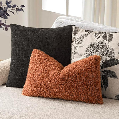 Foindtower Set of 2 Curly Teddy Wool Pillow Covers Decorative Boucle Textured Lumbar Throw Pillow Faux Fur Sherpa Pillowcases Sheepskin Fuzzy Cushion Case for Sofa Bedroom Car 12"x20" Burnt Orange