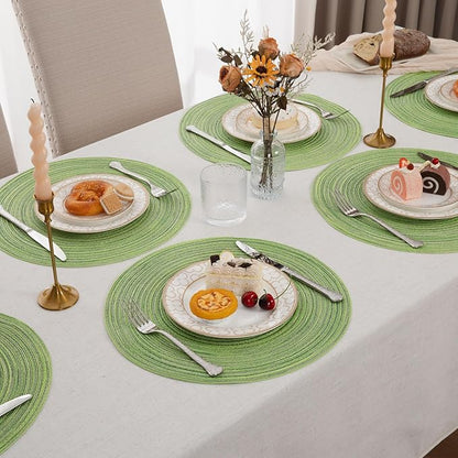 SHACOS Round Placemats Set of 4 Round Table Placemats Braided Cotton Place Mats 15 inch for Kitchen Dining Table Holiday Party (Mixed Color Pea Green, 4)